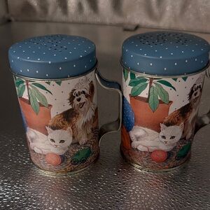 Vintage Blue Polka Dot Salt and Pepper Shakers with Cat and Dog Design